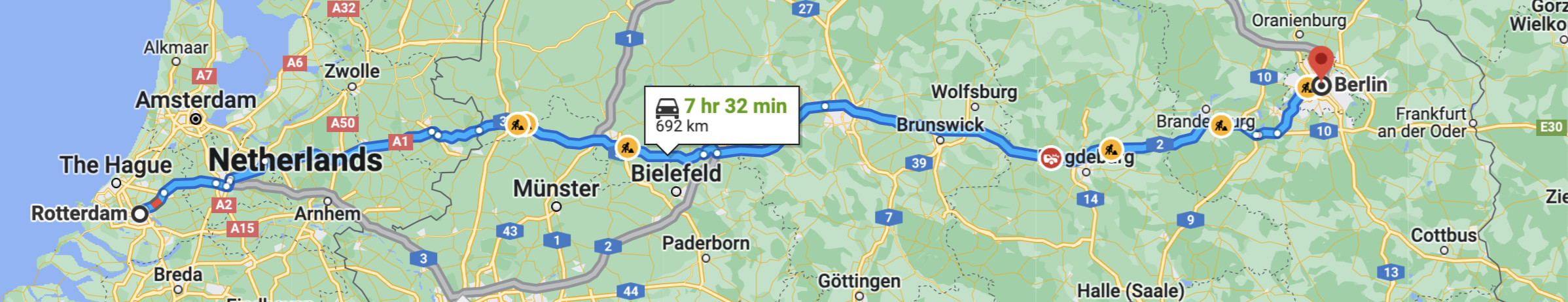 Default Google Maps driving directions from Rotterdam, Netherlands to Berlin, Germany